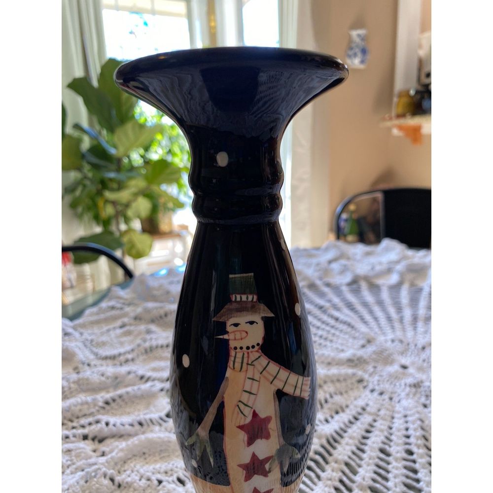 Rare Certified International Corp Becca Barton Midnite Snowman Candlestick